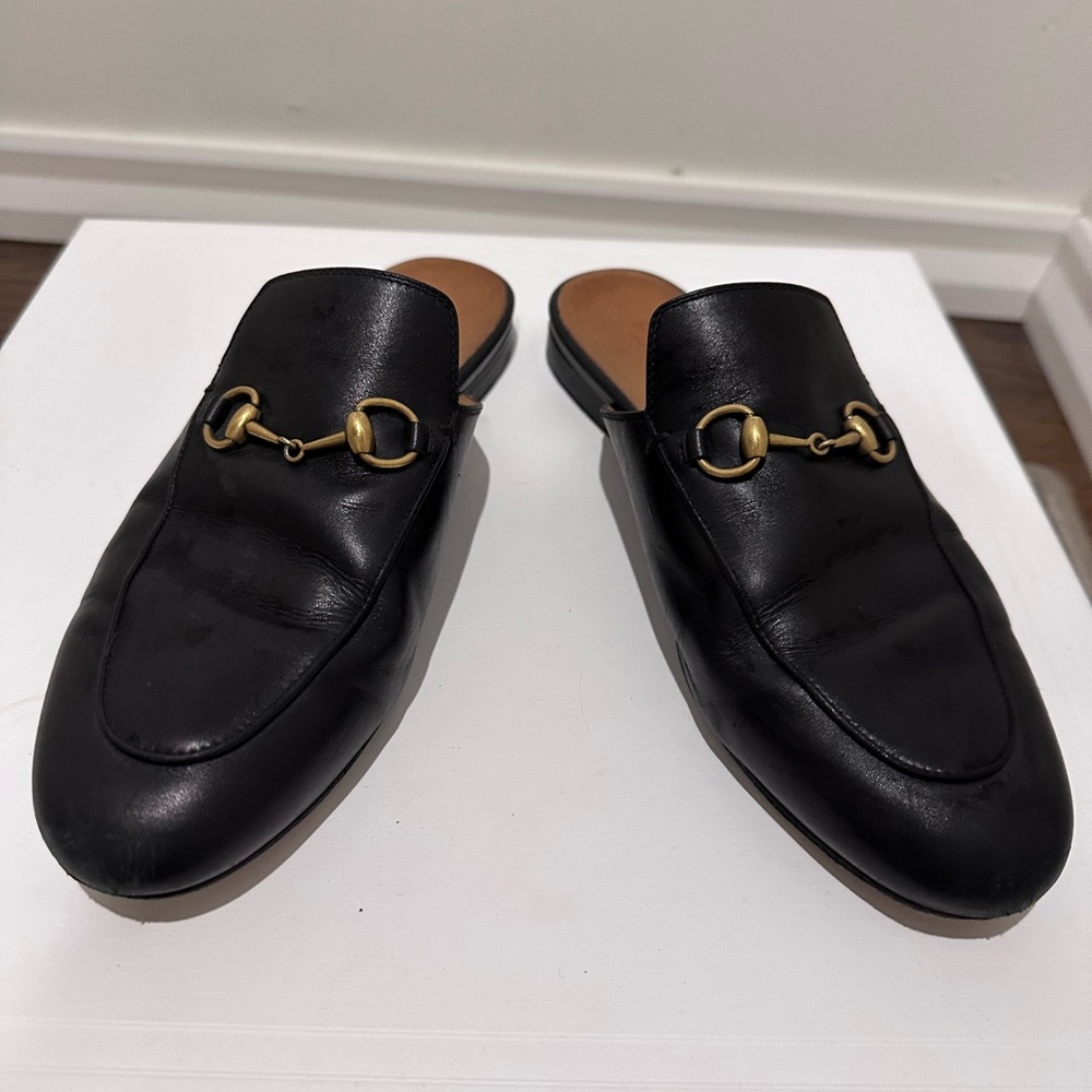 Gucci Black Leather Mules with Gold Hardware